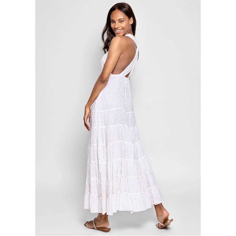 Sundress Suzie Long Dress - White Open Back Tiered Maxi Dress Gown sz S